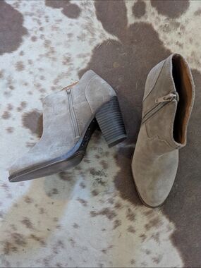 Lucky Brand Women’s Taupe Suede Ankle Booties with Stacked Heel